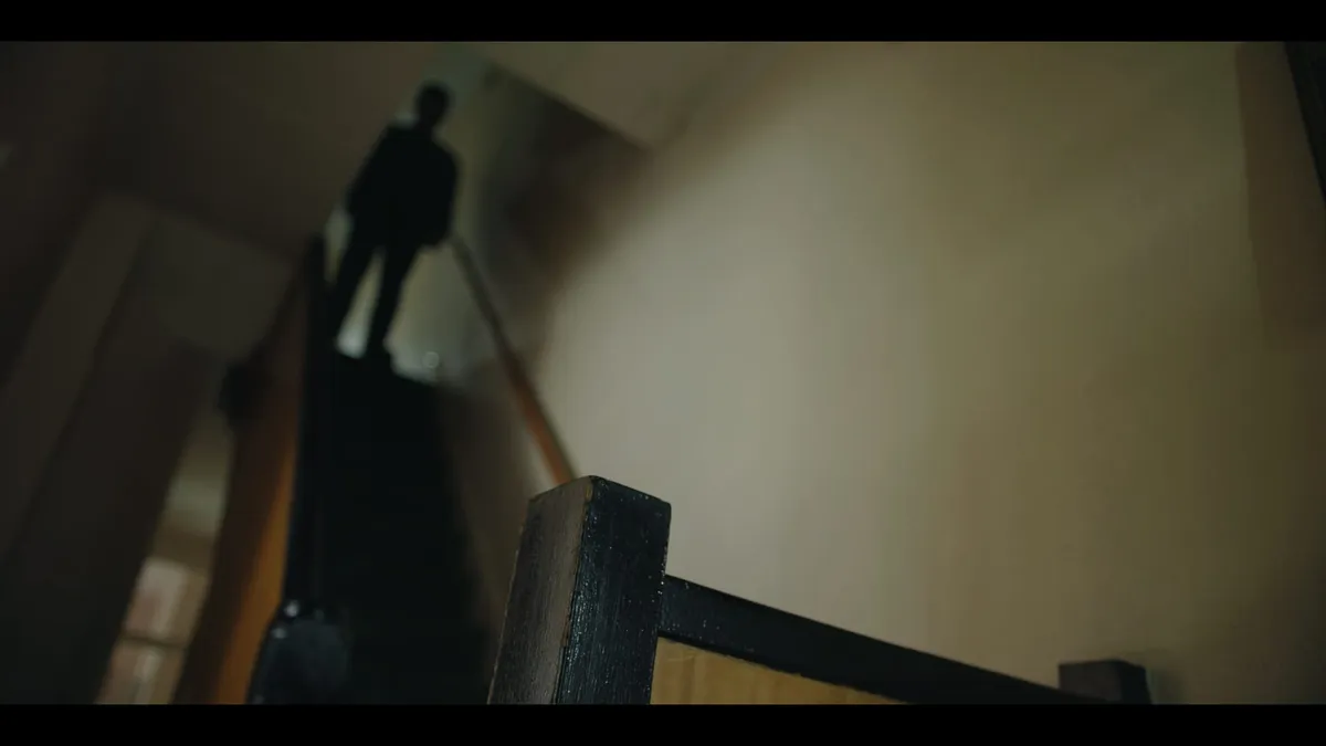A silhouetted figure descends a staircase in a dimly lit hallway, seen from a low angle beside a dark banister.